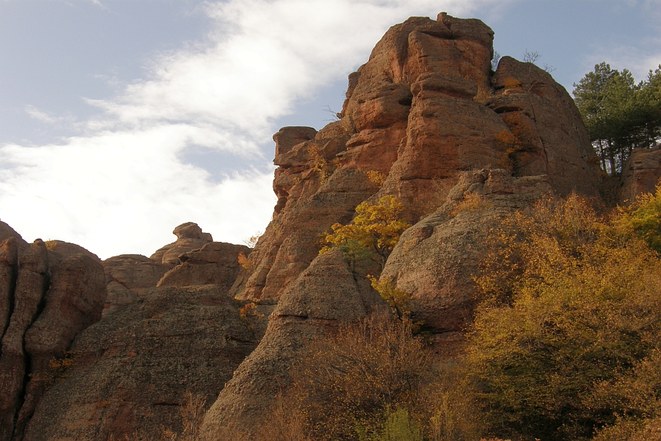 Rocky Outcrop With Autumn-Colored Shrubs