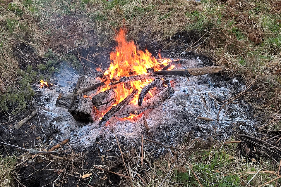Bonfire Burning Brightly In A Grassy Field