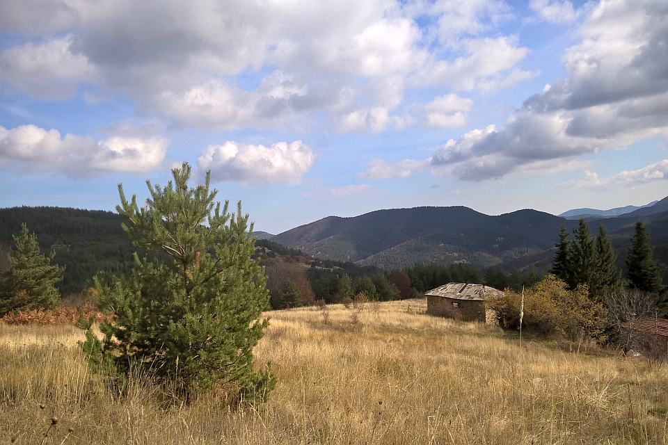 Small Stone House Sits In A Dry Grassy Field