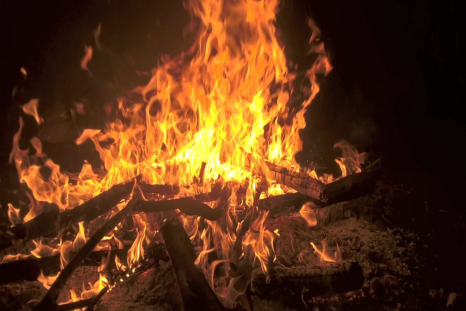 Roaring Bonfire At Night